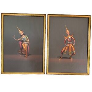 Vintage Chareon Thai Khon Dancer Painting Pair Signed Framed Gold Mid Century